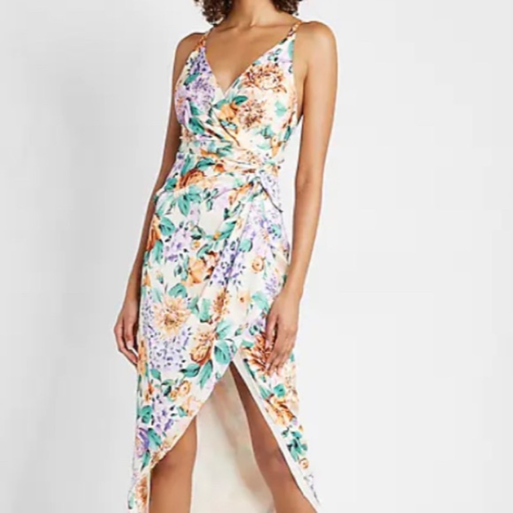 Floral Satin Twist Waist Hi-Lo Midi Dress